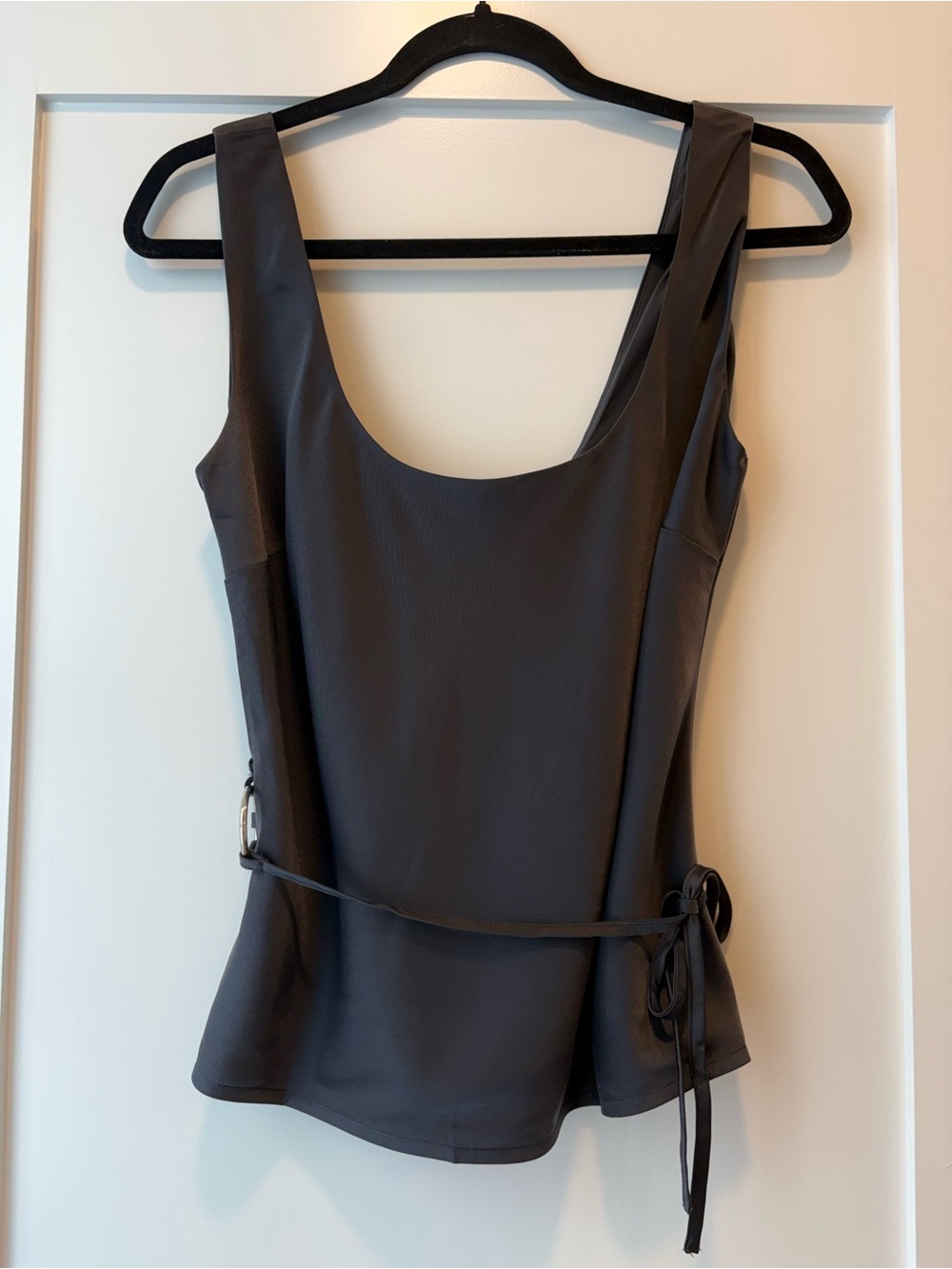 Charcoal Clothing Scoop Neck Sleeveless Tank Top with Waist Tie in Gray
